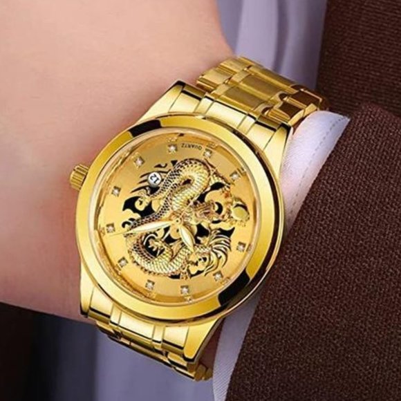 Mens Gold Dragon Face Watch